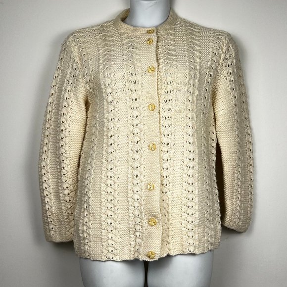 Vintage Cream Knitted Wool Button Up Women's Sweater - Picture 1 of 5